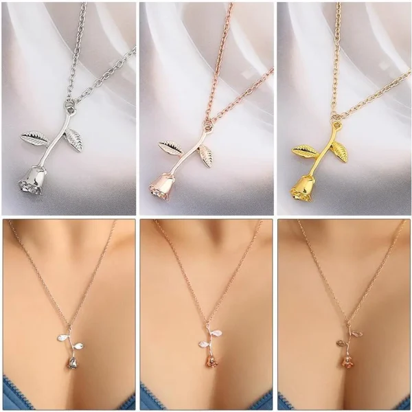 Valentines Day Gift Rose Flower Pendant Jewelry Chain Necklace, Chain Length: 45cm (Gold) - Image 2
