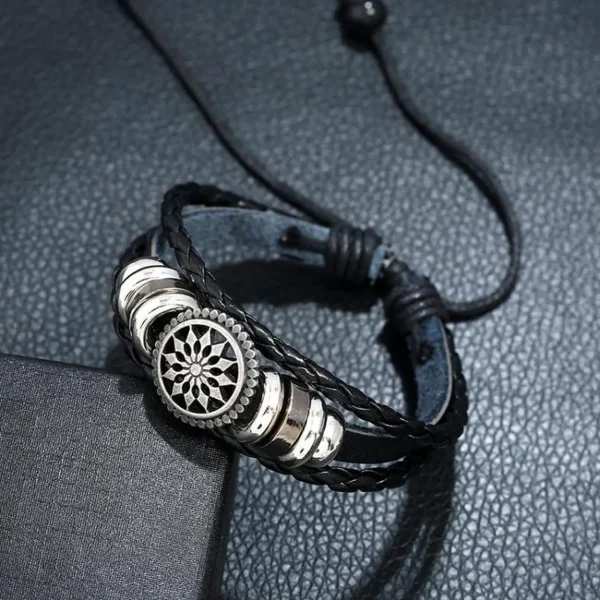 Sun Flower Beads Leather Personality Knitting Adjustable Bracelet - Image 2