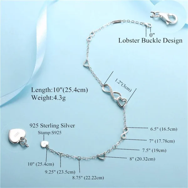 Anklets Bracelet 18K Gold plated Sterling Silver Adjustable Infinity Endless Love Heart Charm Jewelry Gifts for Her - Image 2