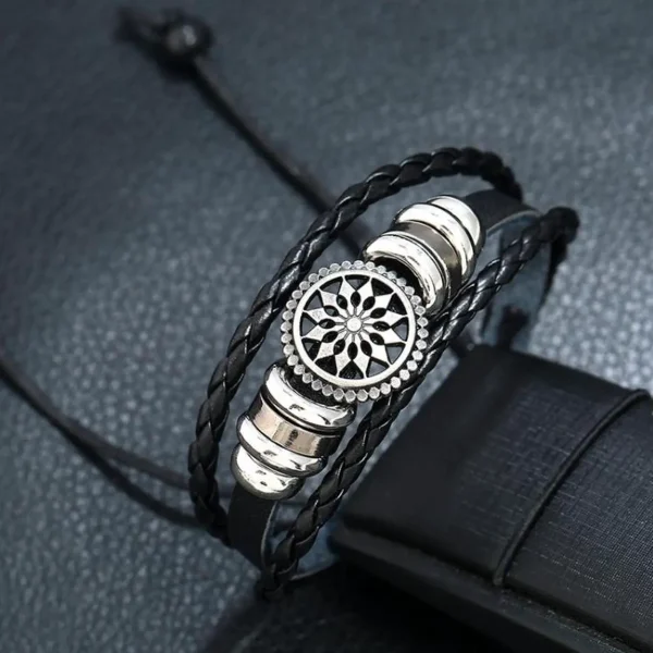 Sun Flower Beads Leather Personality Knitting Adjustable Bracelet - Image 3